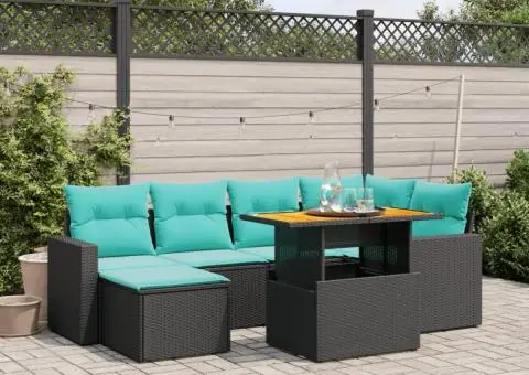 Set canapele de grădină cu perne, 7 piese, negru, poliratan - 1/4