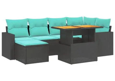 Set canapele de grădină cu perne, 7 piese, negru, poliratan - 2/4