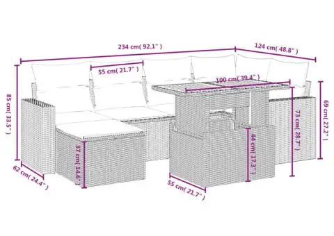 Set canapele de grădină cu perne, 7 piese, negru, poliratan - 4/4