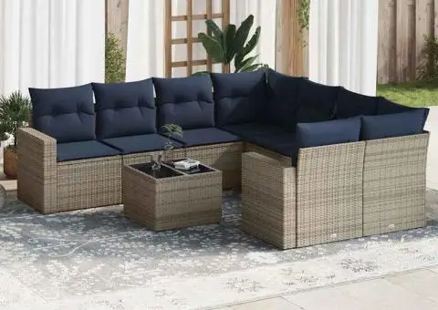 Set canapele de grădină cu perne, 9 piese, gri, poliratan - 1/3