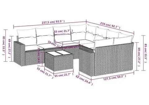 Set canapele de grădină cu perne, 9 piese, gri, poliratan - 3/3