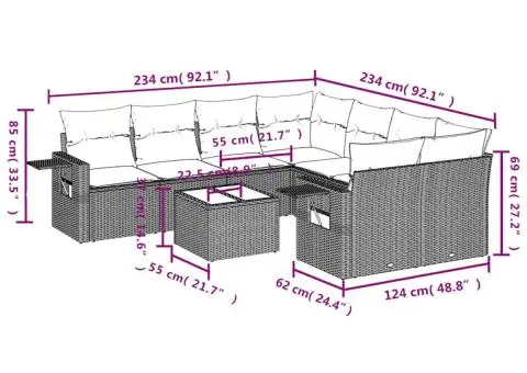 Set canapele de grădină cu perne, 9 piese, gri, poliratan - 3/3