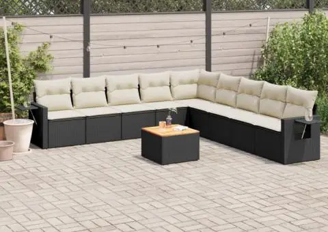 Set canapele de grădină cu perne, 10 piese, negru, poliratan - 1/3