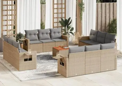 Set canapele de grădină, 13 piese, cu perne, bej, poliratan - 1/3