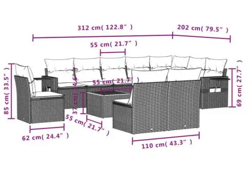 Set canapele de grădină cu perne, 11 piese, gri, poliratan - 3/3