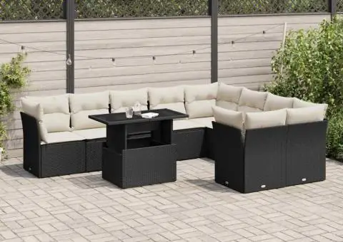 Set canapele de grădină cu perne, 10 piese, negru, poliratan - 1/5