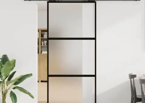 Ușă glisantă cu set feronerie neagră 90x205cm sticlă securizată - 1/5