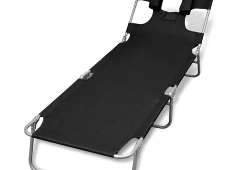 Șezlong pliabil cu pernă și spătar reglabil  Negru - 1/5
