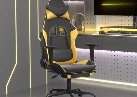 Scaun de gaming cu masaj/suport picioare negru/auriu piele eco - 1/5