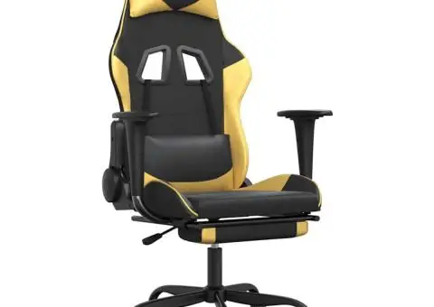 Scaun de gaming cu masaj/suport picioare negru/auriu piele eco - 2/5