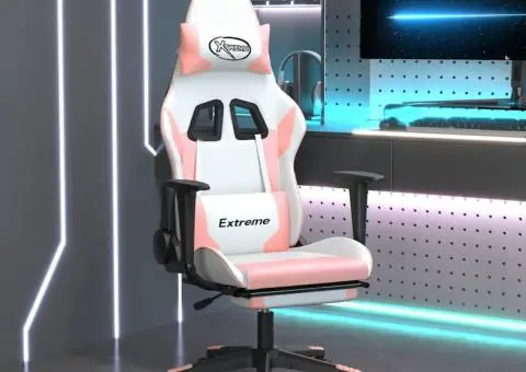 Scaun gaming de masaj/suport picioare, alb/roz, piele ecologică - 1/5