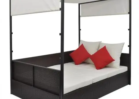 Pat de grădină cu baldachin, maro, 190 x 130 cm, poliratan - 4/5