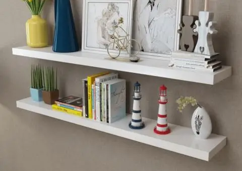 Rafturi de perete suspendate 2 buc, depozitare cărți/DVD, alb, MDF - 1/5