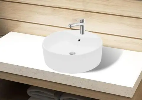 Chiuvetă de baie din ceramică, orificiu robinet/preaplin, rotund, alb - 1/5