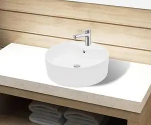 Chiuvetă de baie din ceramică, orificiu robinet/preaplin, rotund, alb