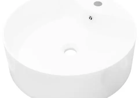 Chiuvetă de baie din ceramică, orificiu robinet/preaplin, rotund, alb - 2/5