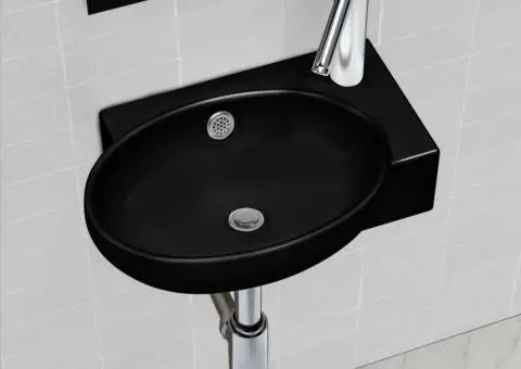 Chiuvetă baie orificiu robinet/preaplin, negru, ceramică, rotund - 1/5