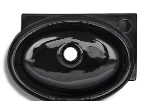 Chiuvetă baie orificiu robinet/preaplin, negru, ceramică, rotund - 4/5