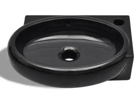 Chiuvetă baie orificiu robinet/preaplin, negru, ceramică, rotund - 5/5