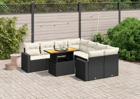 Set mobilier de grădină cu perne, 9 piese, negru, poliratan - 1/3