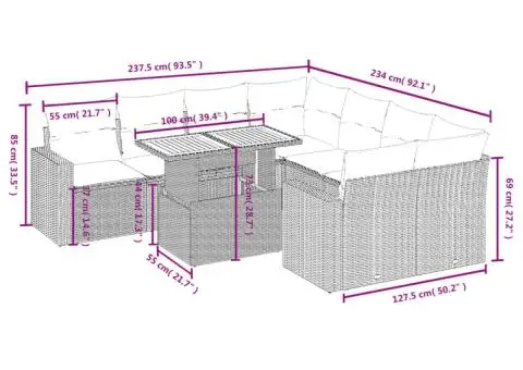 Set mobilier de grădină cu perne, 9 piese, negru, poliratan - 3/3