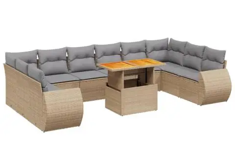 Set canapele de grădină cu perne, 11 piese, bej, poliratan - 2/3
