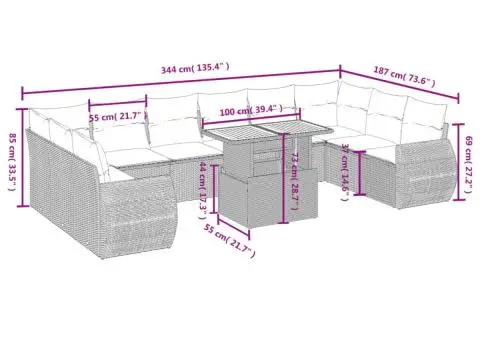 Set canapele de grădină cu perne, 11 piese, bej, poliratan - 3/3