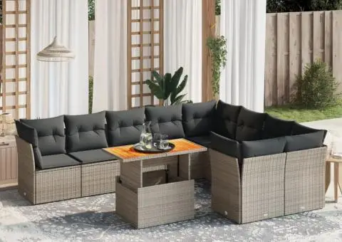 Set mobilier de grădină cu perne, 10 piese, gri, poliratan - 1/3