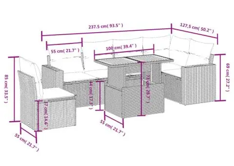 Set canapele de grădină cu perne, 7 piese, gri, poliratan - 3/3