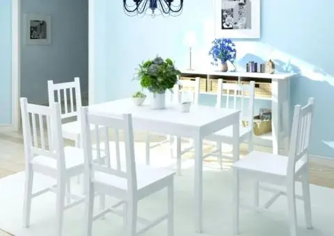 Set masă și scaune din lemn de pin, 7 piese, alb - 1/5