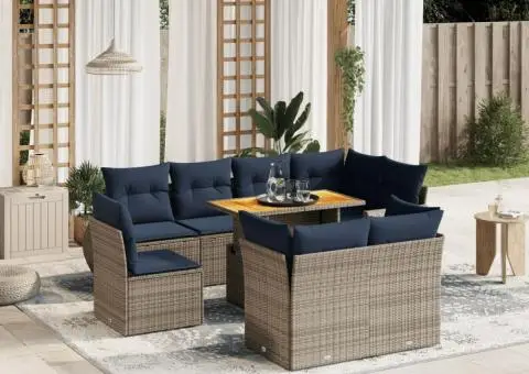 Set canapele de grădină cu perne, 9 piese, gri, poliratan - 1/3