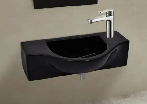 Chiuvetă de baie din ceramică, gaură pentru robinet și preaplin, negru - 1/5