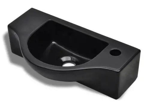 Chiuvetă de baie din ceramică, gaură pentru robinet și preaplin, negru - 2/5