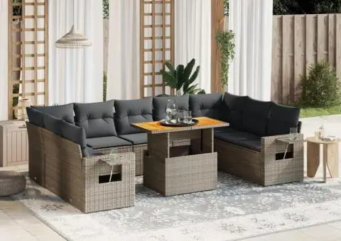 Set mobilier de grădină cu perne, 10 piese, gri, poliratan - 1/3
