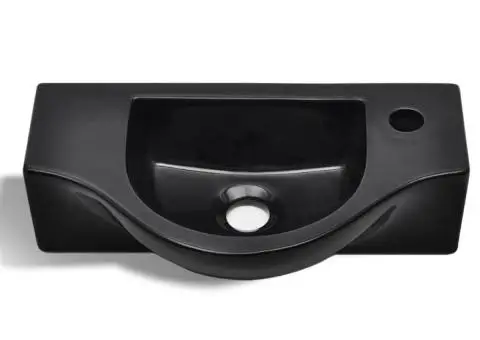 Chiuvetă de baie din ceramică, gaură pentru robinet și preaplin, negru - 4/5