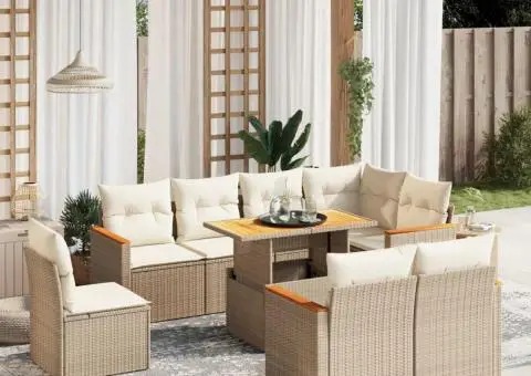 Set canapele de grădină, 9 piese, cu perne, bej, poliratan - 1/3