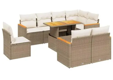 Set canapele de grădină, 9 piese, cu perne, bej, poliratan - 2/3