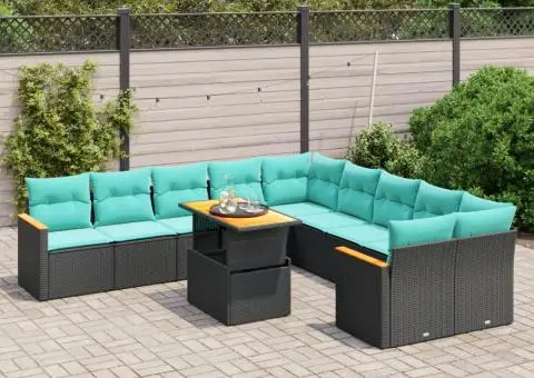 Set canapele de grădină cu perne, 11 piese, negru, poliratan - 1/3