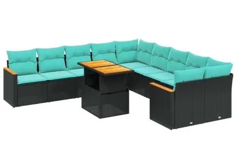 Set canapele de grădină cu perne, 11 piese, negru, poliratan - 2/3