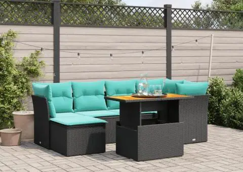 Set canapele de grădină cu perne, 7 piese, negru, poliratan - 1/3