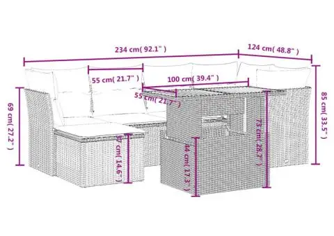 Set canapele de grădină cu perne, 7 piese, negru, poliratan - 3/3