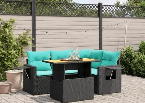 Set canapele de grădină cu perne, 5 piese, negru, poliratan - 1/3