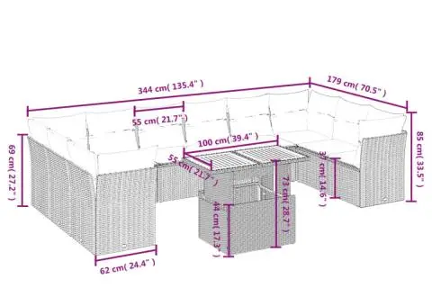 Set canapele de grădină cu perne, 11 piese, gri, poliratan - 3/3
