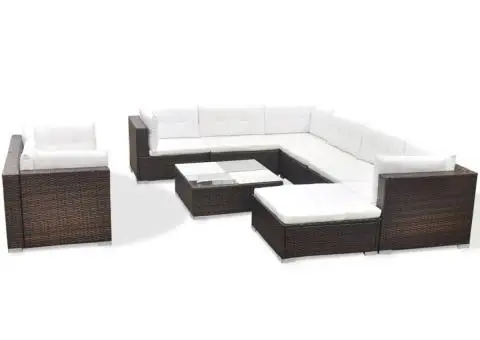 Set mobilier de grădină cu perne, 10 piese, maro, poliratan - 2/5