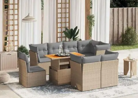 Set canapele de grădină, 9 piese, cu perne, bej, poliratan - 1/3