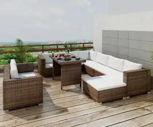 vidaXL Set mobilier de grădină cu perne, 10 piese, maro, poliratan