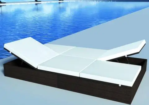 Șezlong de plajă dublu cu pernă, maro, poliratan - 1/5