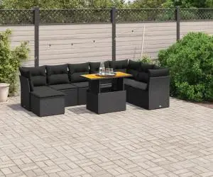 vidaXL Set mobilier de grădină cu perne, 9 piese, negru, poliratan