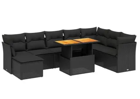 Set mobilier de grădină cu perne, 9 piese, negru, poliratan - 2/3