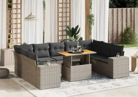 Set mobilier de grădină cu perne, 10 piese, gri, poliratan - 1/3